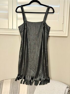 Silver and Black Metallic Fringe Slip Dress